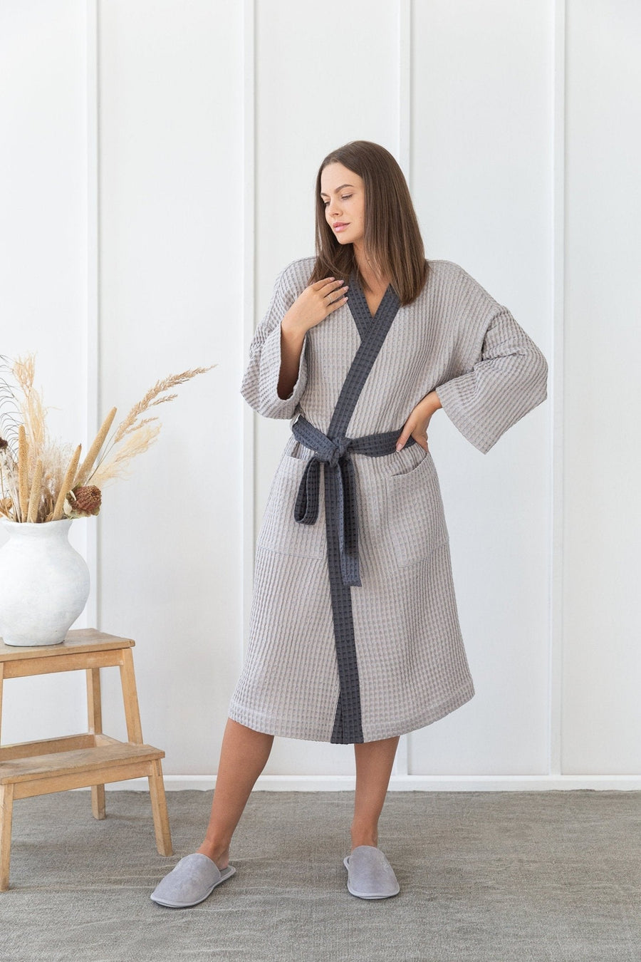 Light Grey and Grey linen waffle robe two tones - Linen Couture