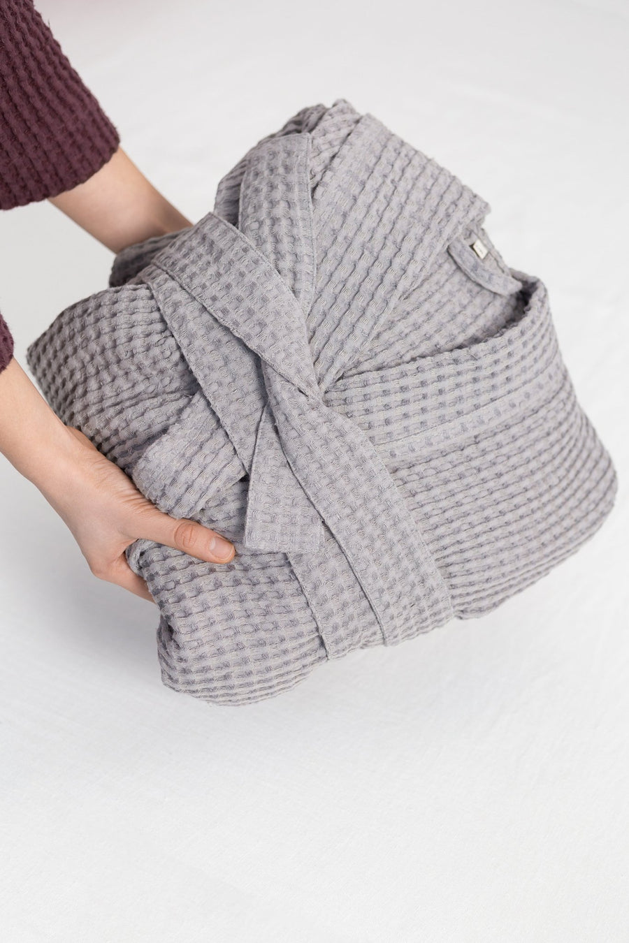 Light grey linen waffle robe with hoodie - Linen Couture