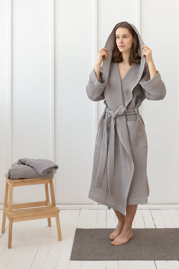 Light grey linen waffle robe with hoodie - Linen Couture