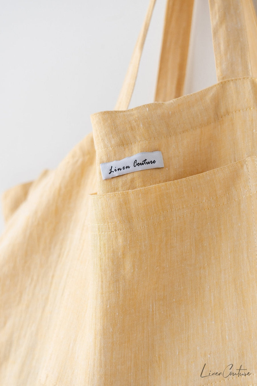 Linen beach bag with pocket and zipper in Canary Yellow - Linen Couture