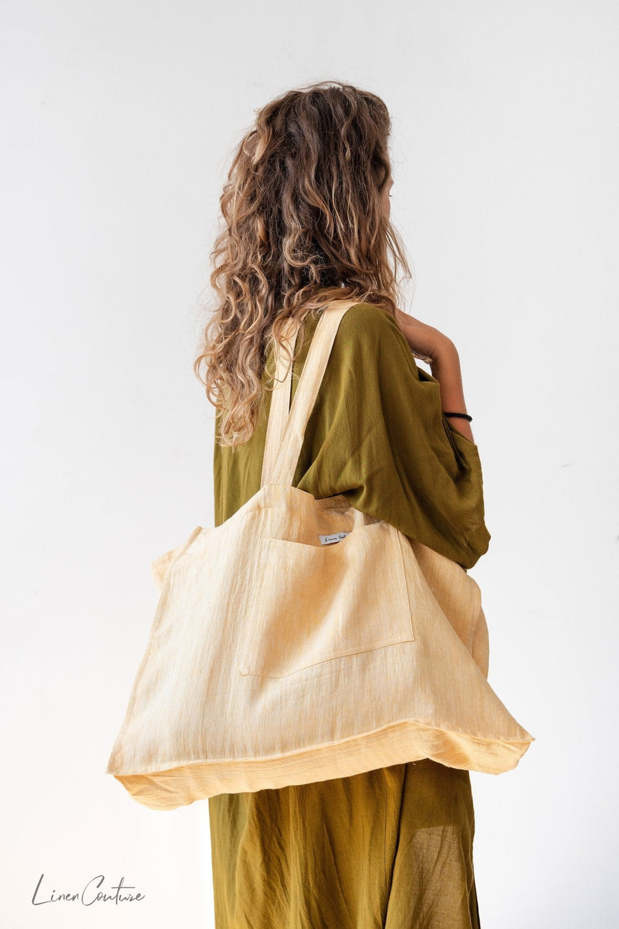 Linen beach bag with pocket and zipper in Canary Yellow - Linen Couture