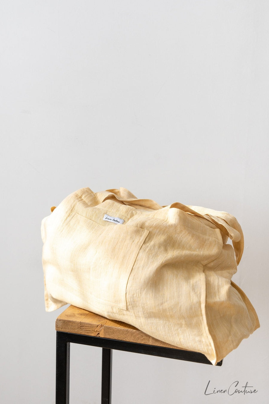 Linen beach bag with pocket and zipper in Canary Yellow - Linen Couture