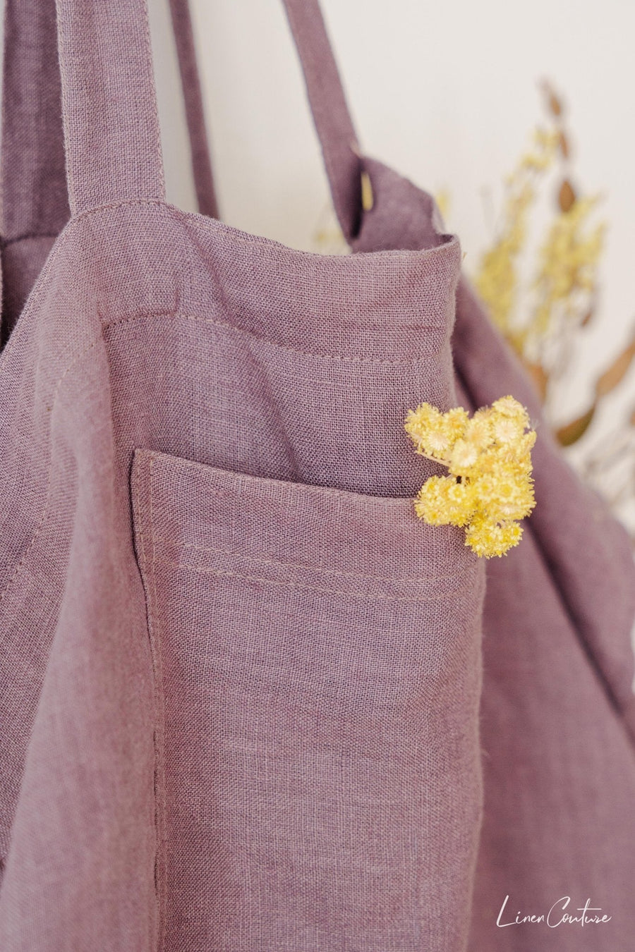 Linen beach bag with pocket and zipper in Pastel Plum - Linen Couture