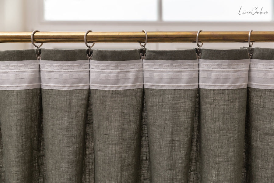 Linen curtain with pleating tape and crown in Safari green - Linen Couture