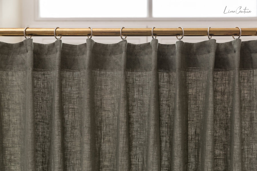 Linen curtain with pleating tape and crown in Safari green - Linen Couture