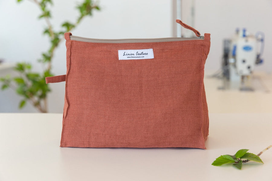 Melange Burgundy linen large makeup bag - Linen Couture