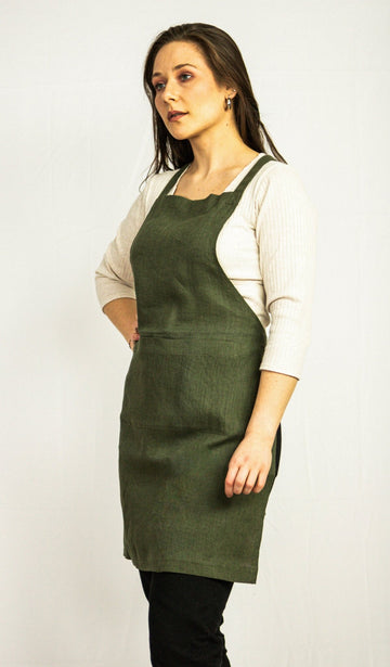 Moss Green linen apron - Linen Couture