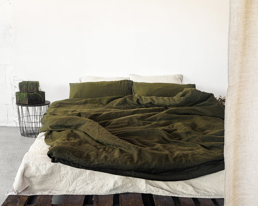 Moss Green linen bedding set with zipper - Linen Couture