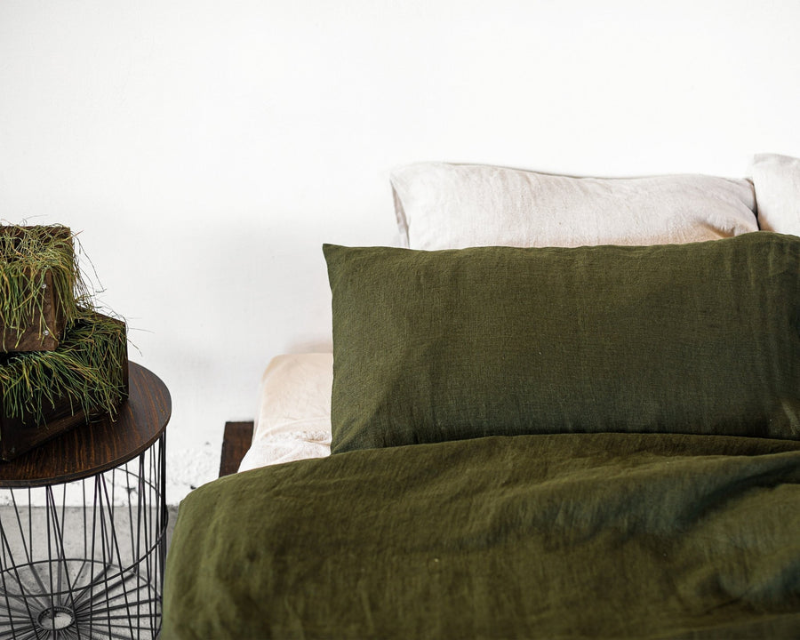 Moss Green linen bedding set with zipper - Linen Couture