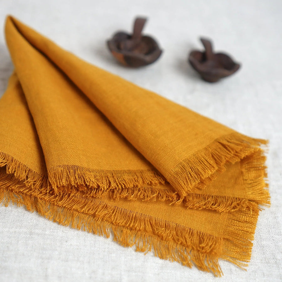 Mustard linen napkins set with tassels - Linen Couture