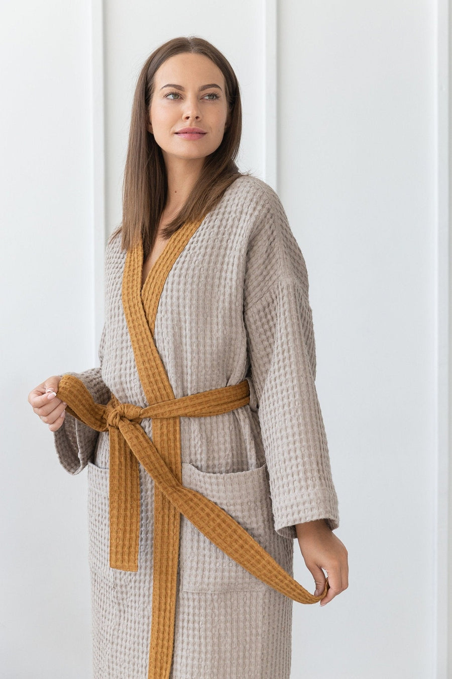 Natural and Amber linen waffle robe two tones - Linen Couture