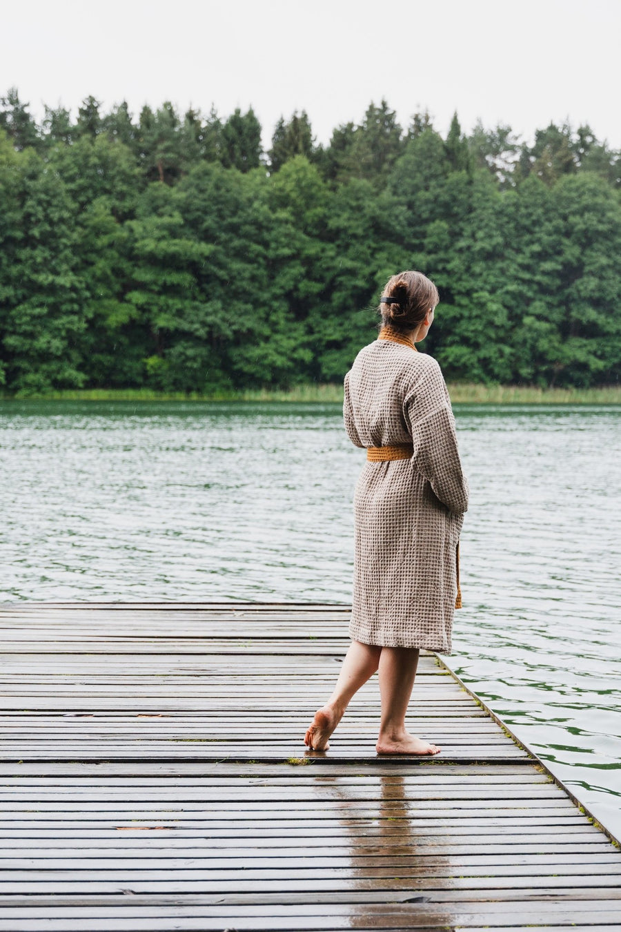 Natural and Amber linen waffle robe two tones - Linen Couture