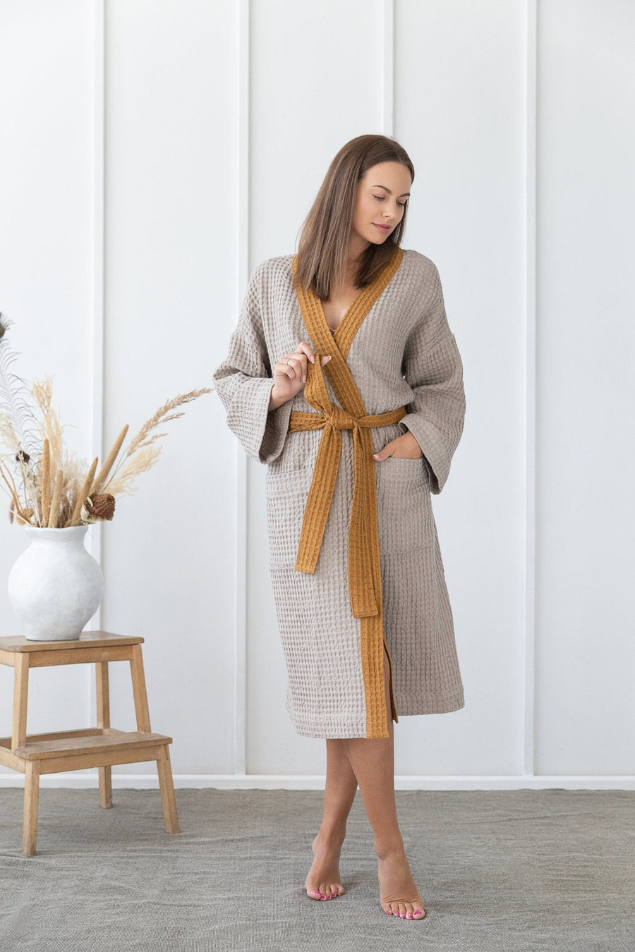 Natural and Amber linen waffle robe two tones - Linen Couture