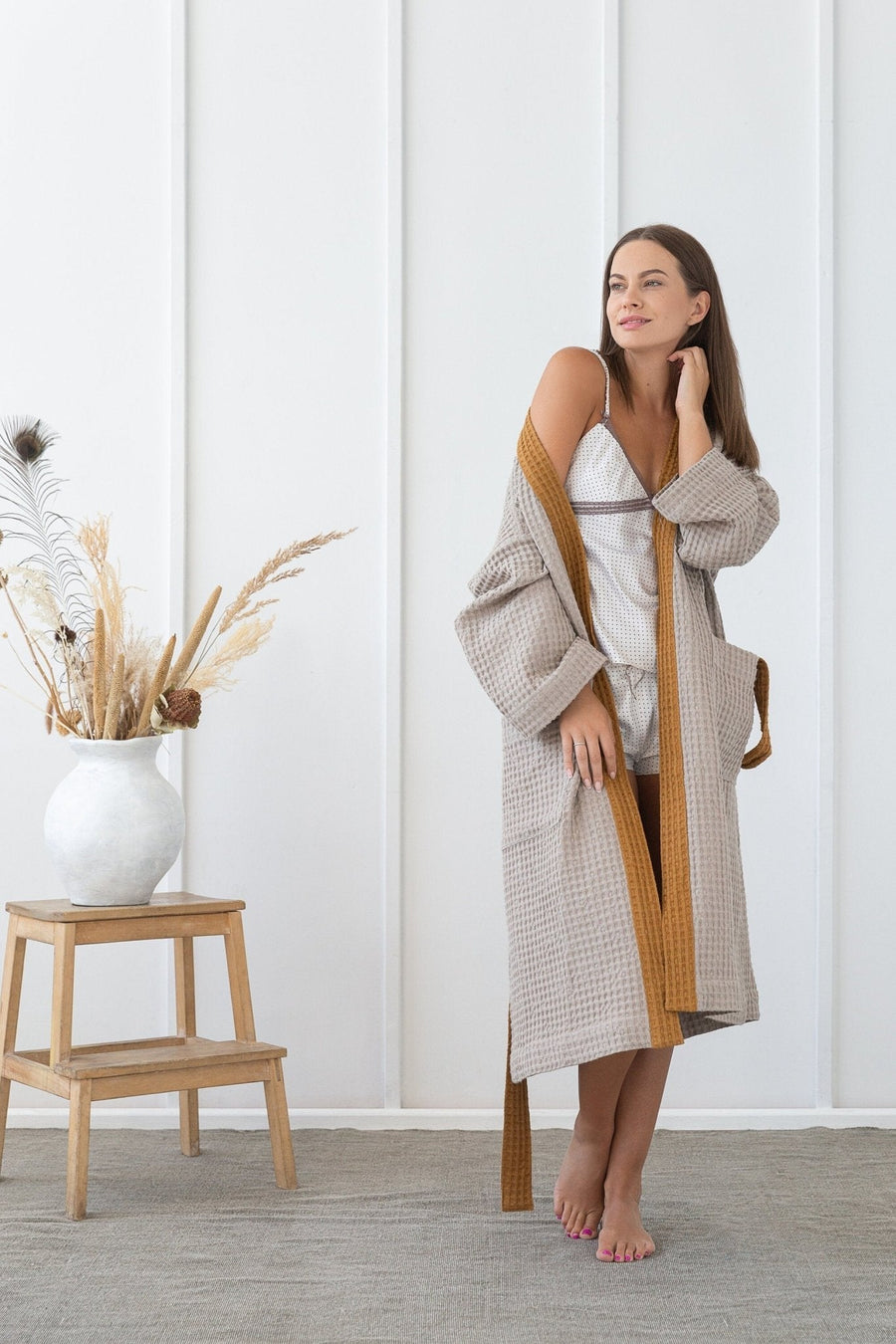 Natural and Amber linen waffle robe two tones - Linen Couture