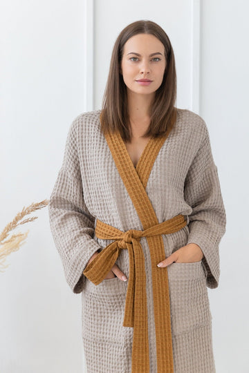 Natural and Amber linen waffle robe two tones - Linen Couture