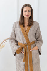 Natural and Amber linen waffle robe two tones - Linen Couture
