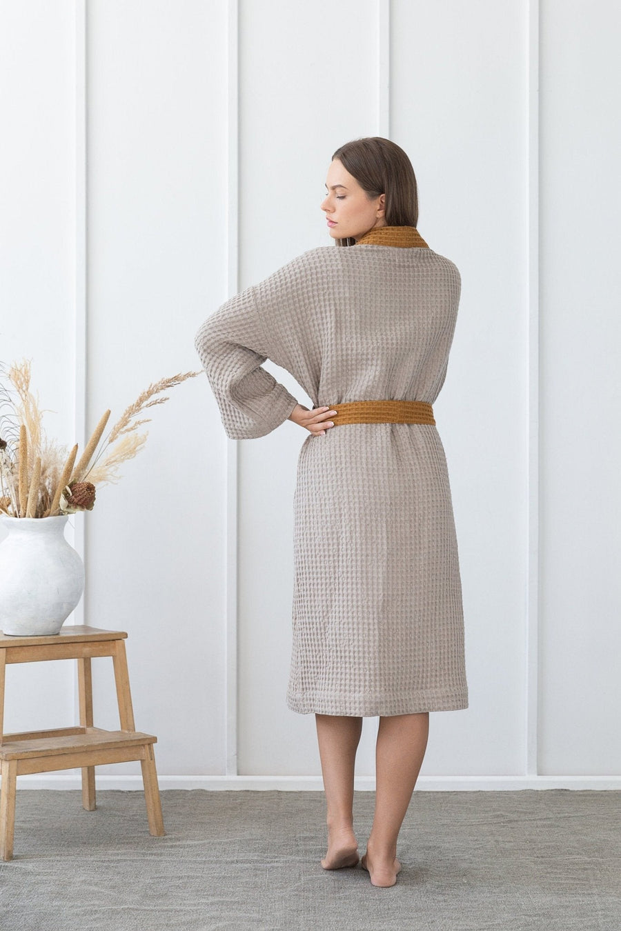 Natural and Amber linen waffle robe two tones - Linen Couture