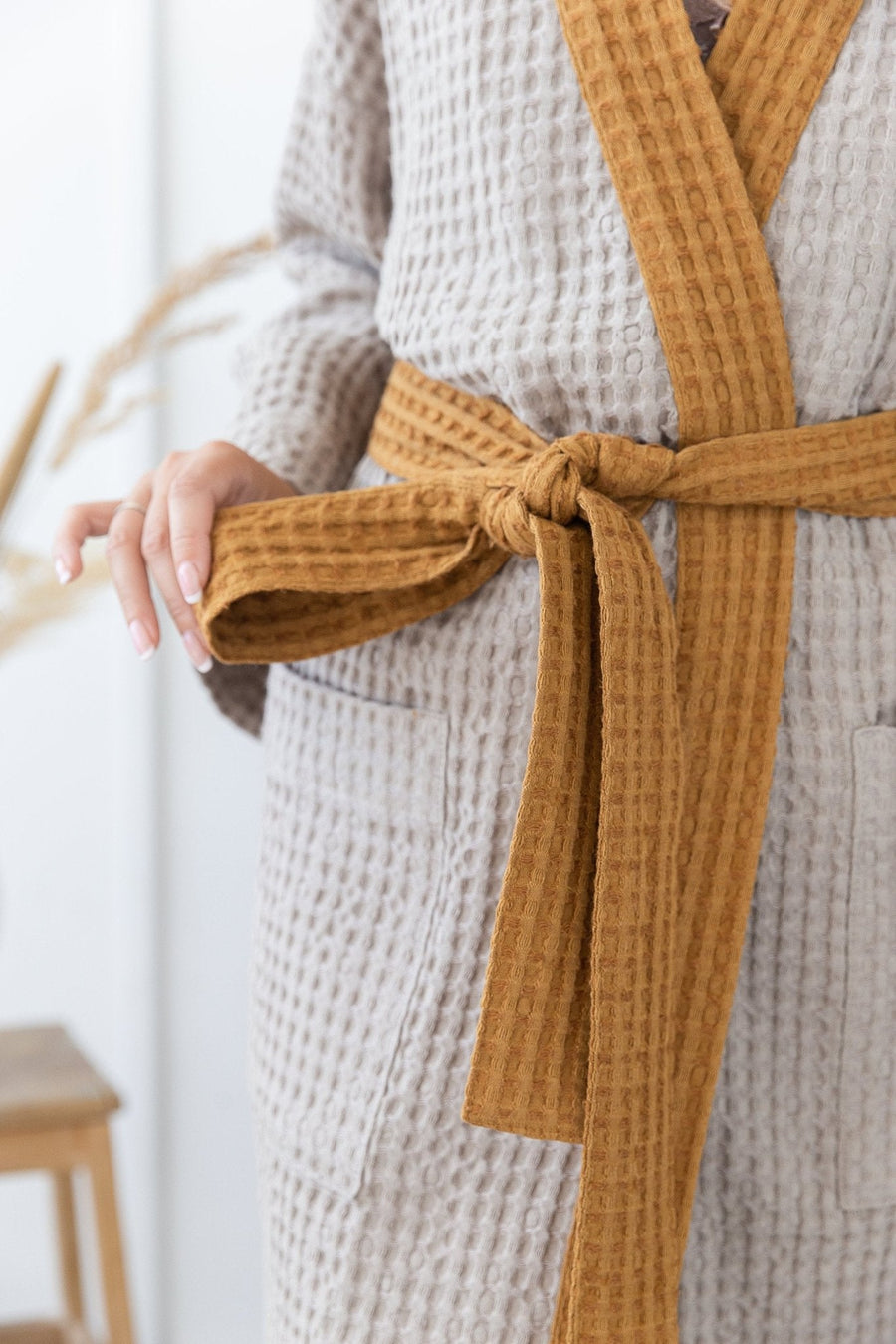 Natural and Amber linen waffle robe two tones - Linen Couture