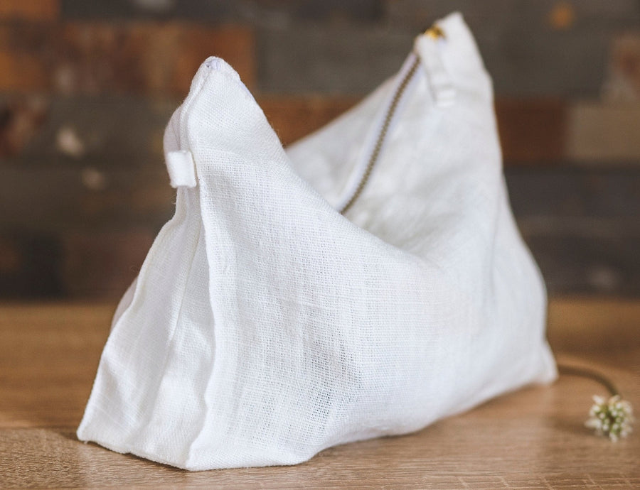 Natural and White check linen cosmetic bag - Linen Couture