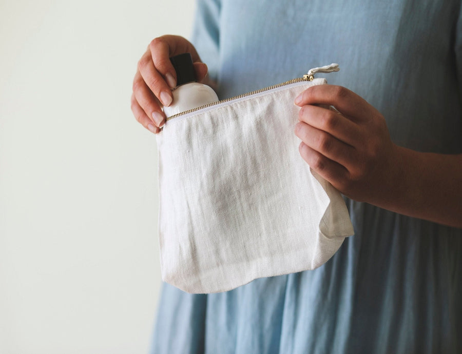 Natural and White check linen cosmetic bag - Linen Couture