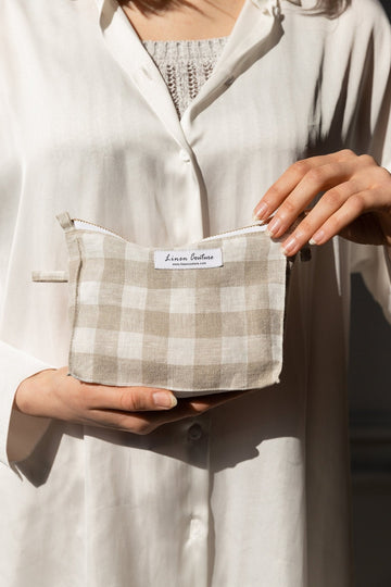 Natural and White check linen cosmetic bag - Linen Couture