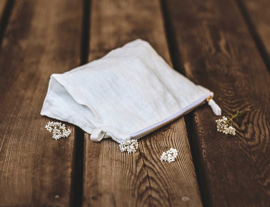 Natural and White check linen cosmetic bag - Linen Couture