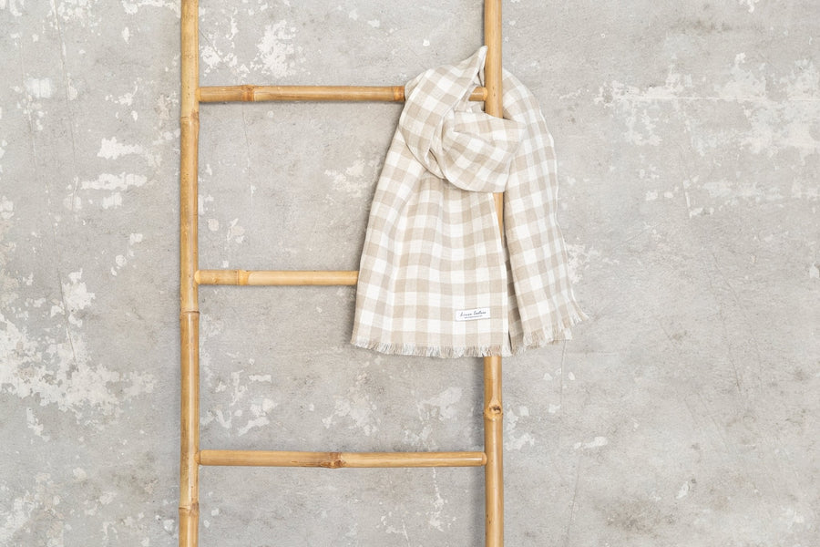 Natural and White Check linen scarf - Linen Couture