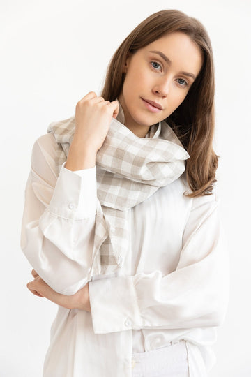 Natural and White Check linen scarf - Linen Couture