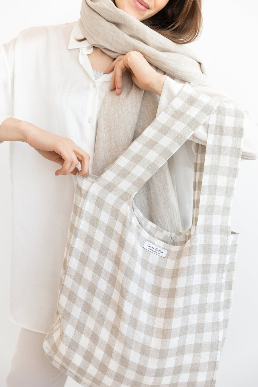 Natural and White check linen tote bag with inside pocket - Linen Couture