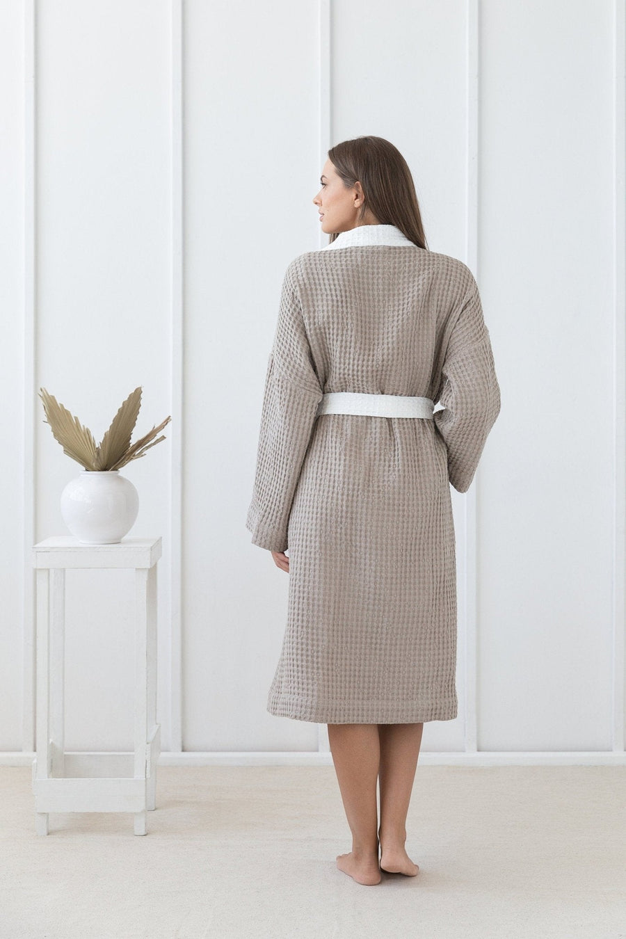 Natural and White linen waffle robe two tones - Linen Couture