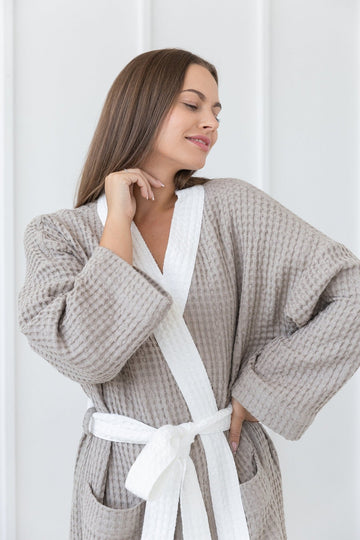 Natural and White linen waffle robe two tones - Linen Couture
