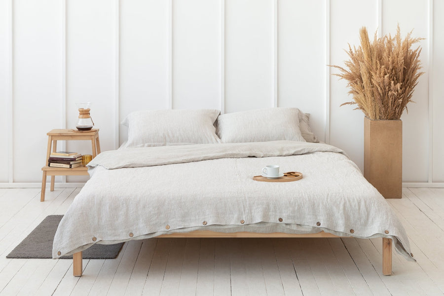 Natural Light and Striped Beige double side linen bedding set - Linen Couture