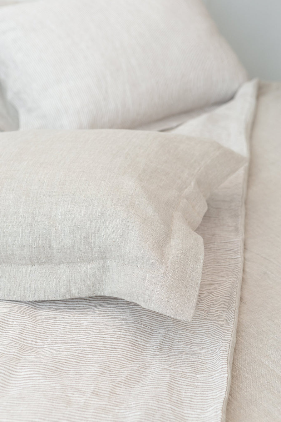 Natural Light and Striped Beige double side linen bedding set - Linen Couture