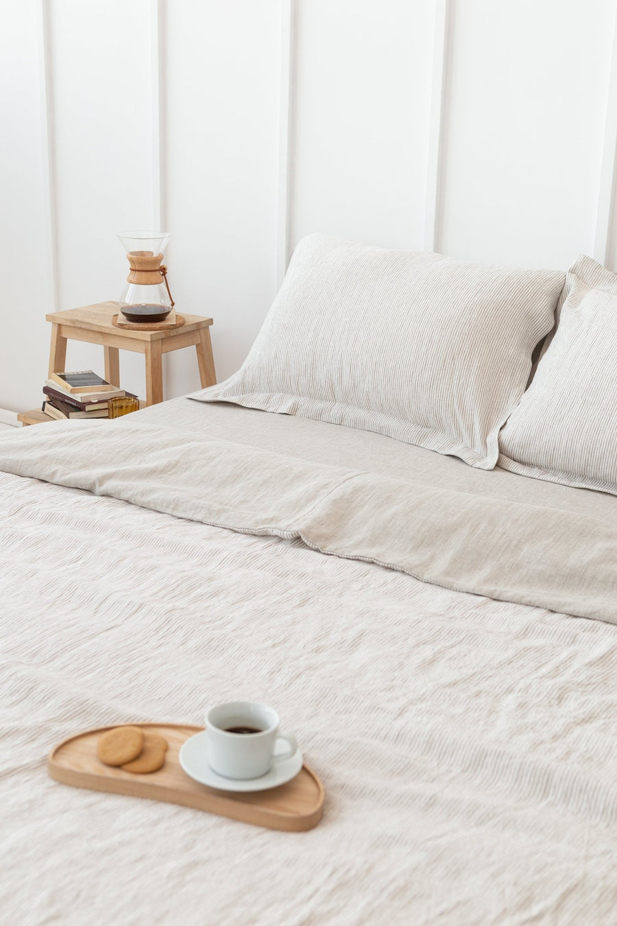 Natural Light and Striped Beige double side linen bedding set - Linen Couture