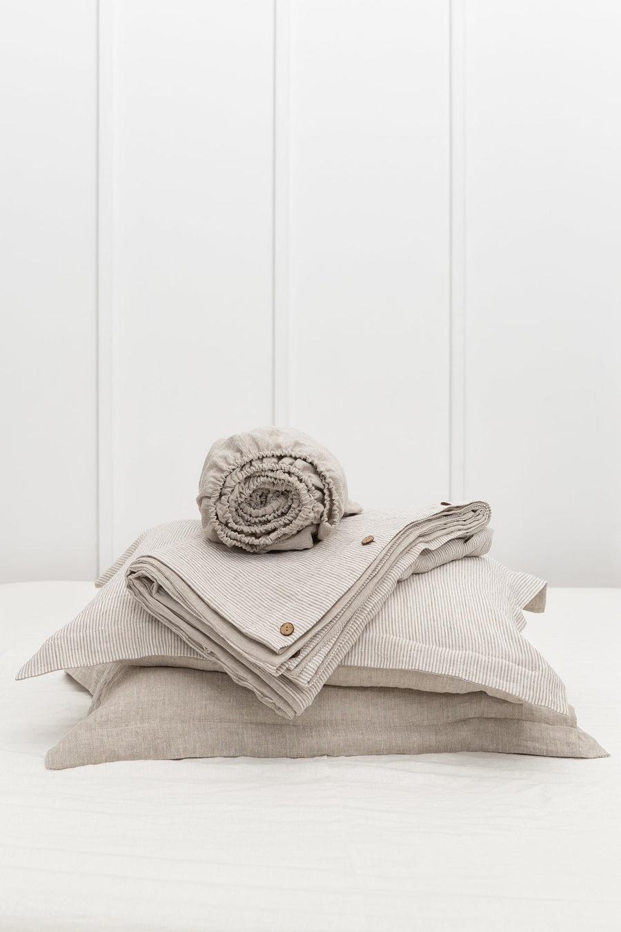 Natural Light and Striped Beige double side linen bedding set - Linen Couture