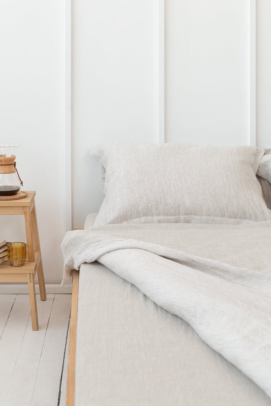 Natural Light and Striped Beige double side linen bedding set - Linen Couture
