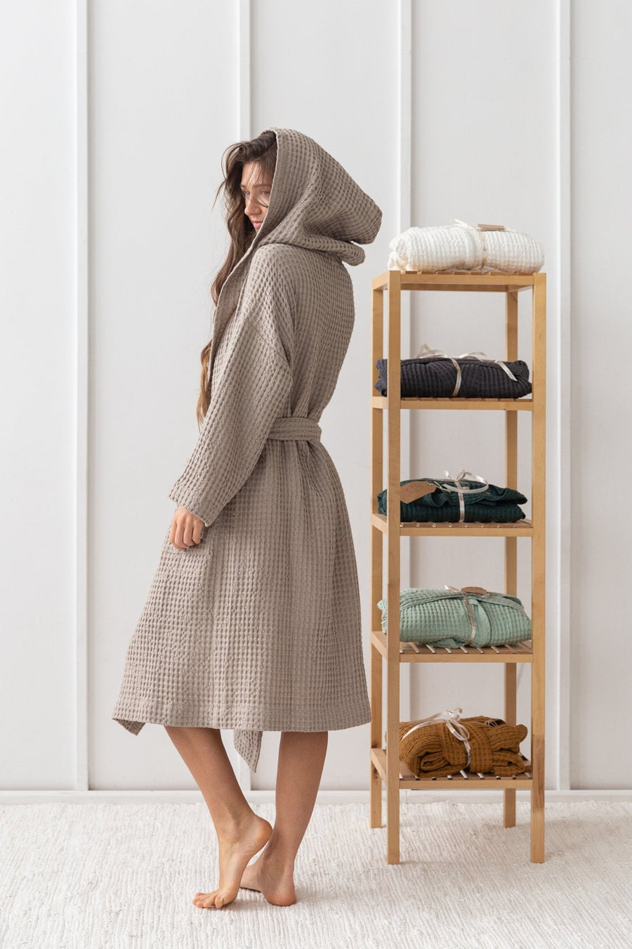 Natural linen waffle robe with hoodie - Linen Couture