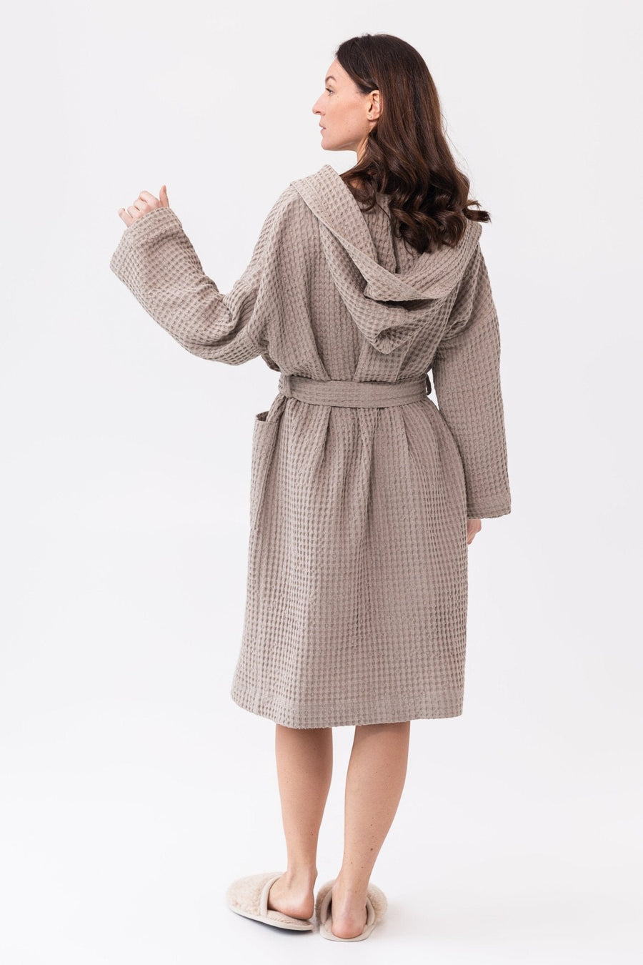 Natural linen waffle robe with hoodie - Linen Couture
