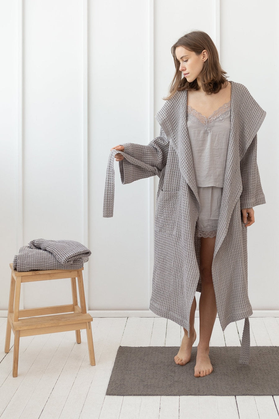Natural linen waffle robe with hoodie - Linen Couture