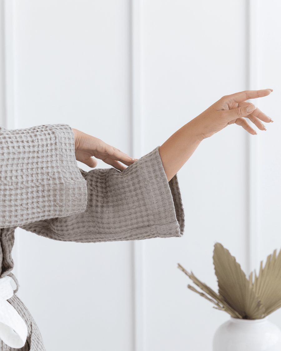 Natural linen waffle robe with hoodie - Linen Couture