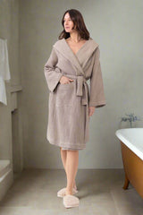 Natural linen waffle robe with hoodie - Linen Couture