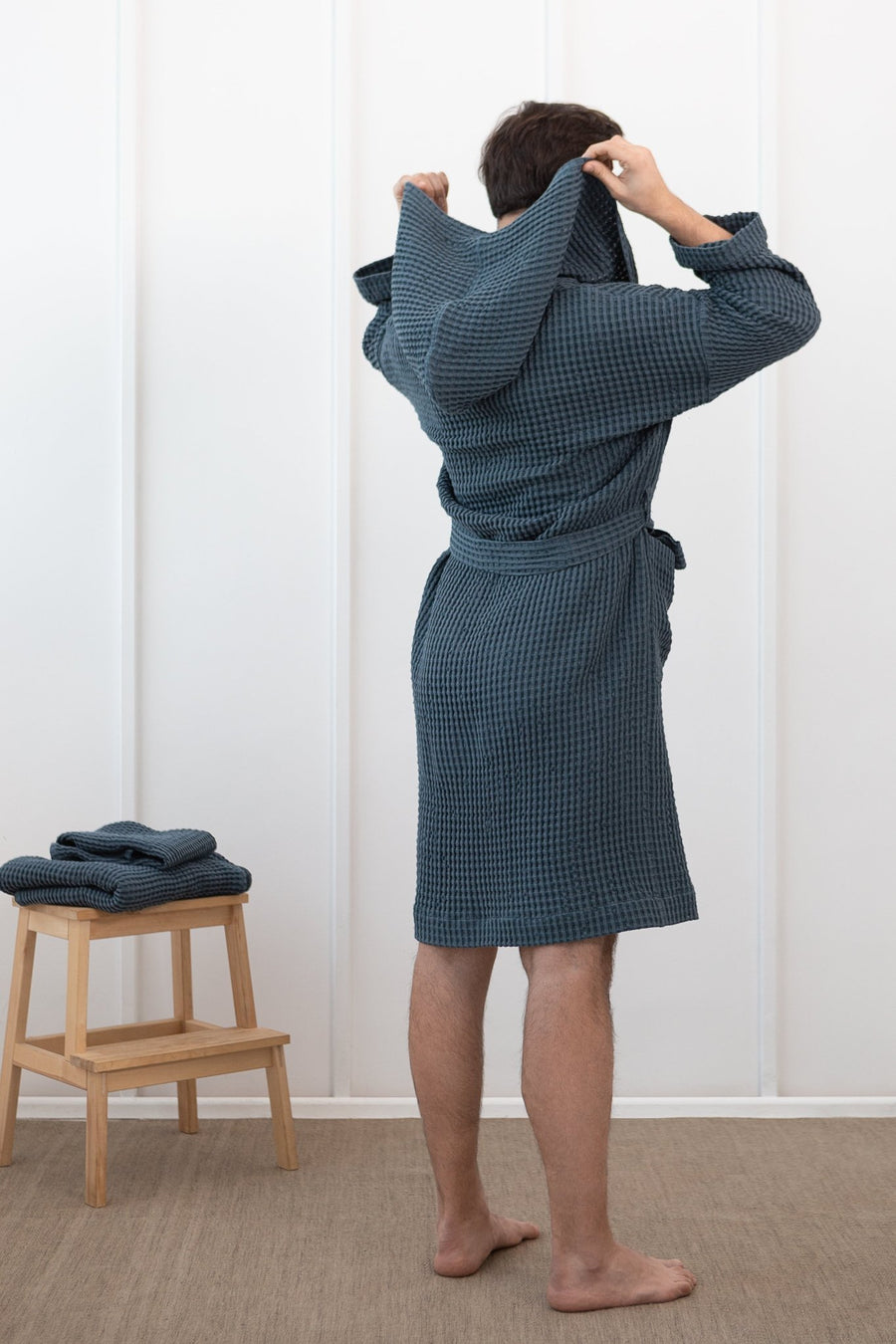 Navy Blue linen waffle robe with hoodie - Linen Couture