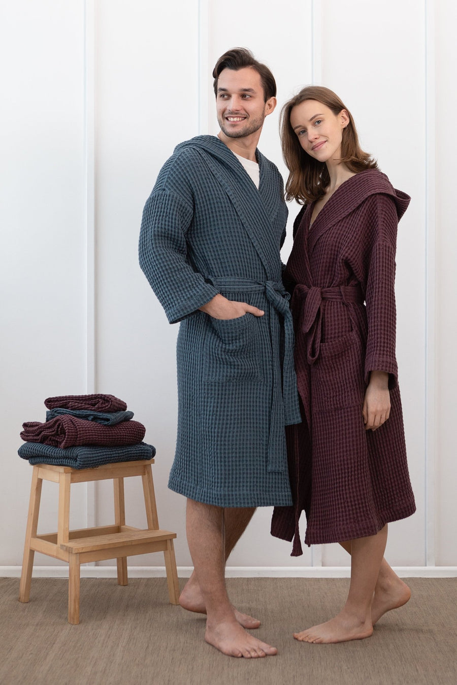 Navy Blue linen waffle robe with hoodie - Linen Couture