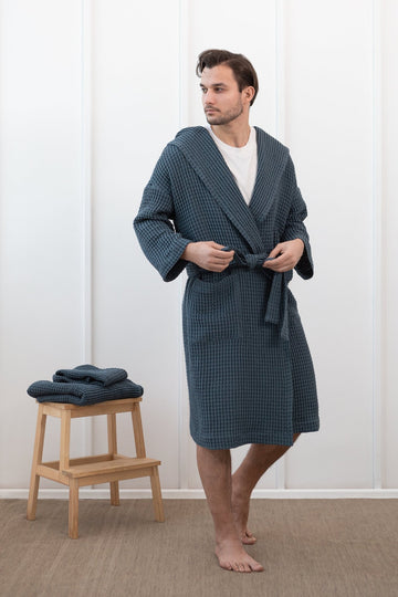Navy Blue linen waffle robe with hoodie - Linen Couture