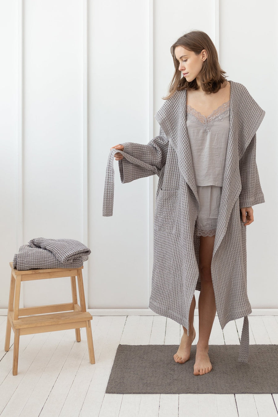 Navy Blue linen waffle robe with hoodie - Linen Couture