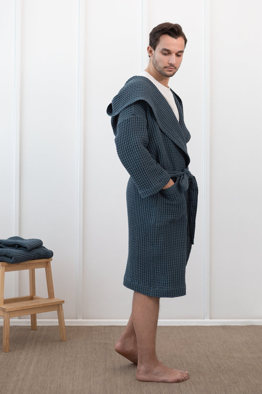 Navy Blue linen waffle robe with hoodie - Linen Couture