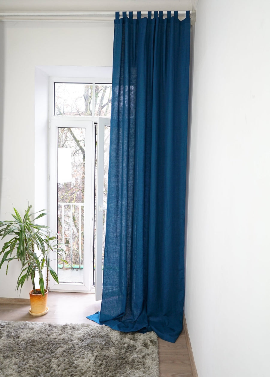 Night Blue linen curtain with tabs - Linen Couture