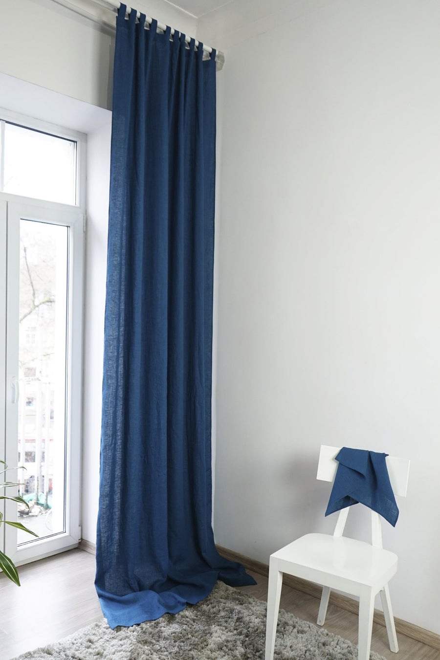 Night Blue linen curtain with tabs - Linen Couture