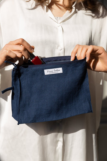 Night Blue linen large makeup bag with zipper - Linen Couture