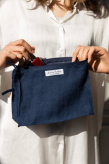 Night Blue linen large makeup bag with zipper - Linen Couture